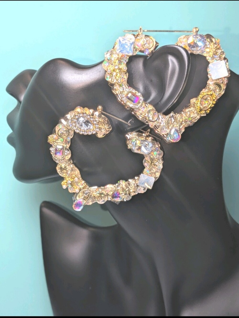 Hand Crafted Decoden Gold Hoop Earrings with Iridescent Crystals For Women